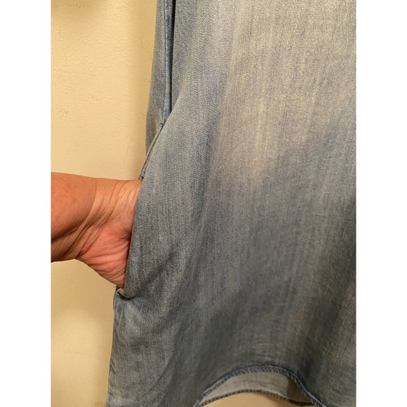 BLUE RAIN Dress Sand Washed Look Chambray Embroidered Cold Shoulder Pockets Med - Picture 7 of 12
